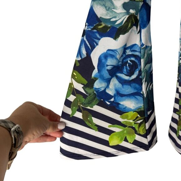 Boston Proper Floral Striped Blouse Long Bell Sleeve Stretchy Lace Up V Neck XXS - Picture 4 of 10